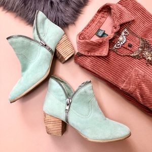 Mint Green Zipper Suede Ankle Booties CL